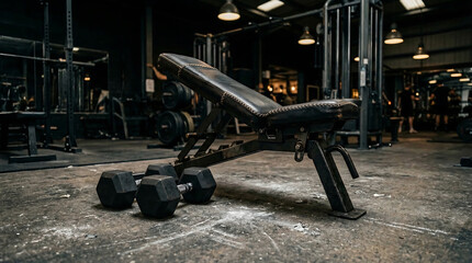 Fototapeta premium Dark leather exercise bench and heavy metal dumbbells in industrial gym