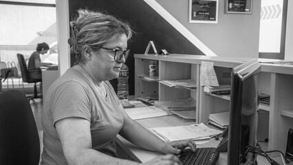 Fototapeta premium Smiling female secretary working efficiently at her office desk using a desktop computer and phone