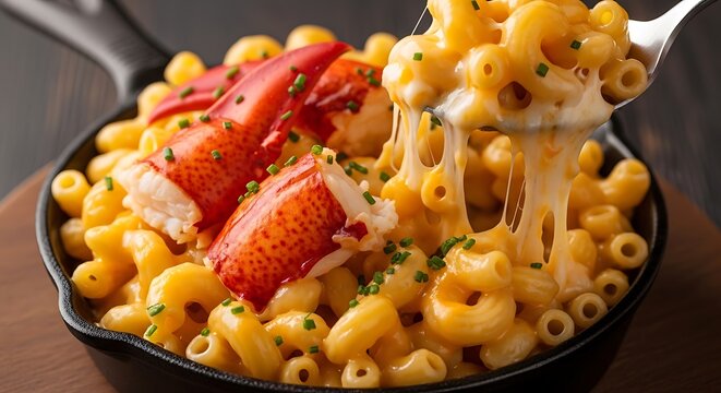 A gourmet skillet of creamy lobster macaroni and cheese being lifted with a silver serving spoon. lobster macaroni and cheese