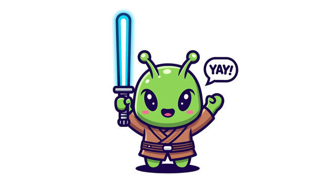 Green Alien Cartoon Character Holding Lightsaber.