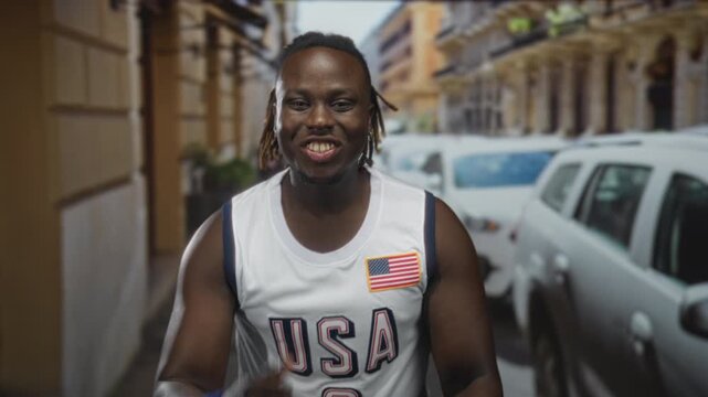 Man with bare arms raising fists and smiling on street wearing usa jersey; joy celebration energy optimism.