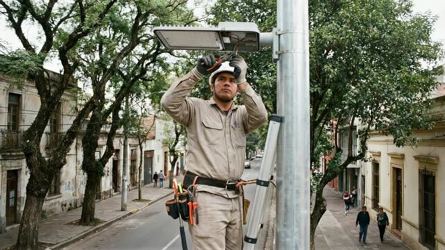 Caucasian electrician man twisting wire for street light repair. Male worker on ladder maintaining and installing outdoor illumination.