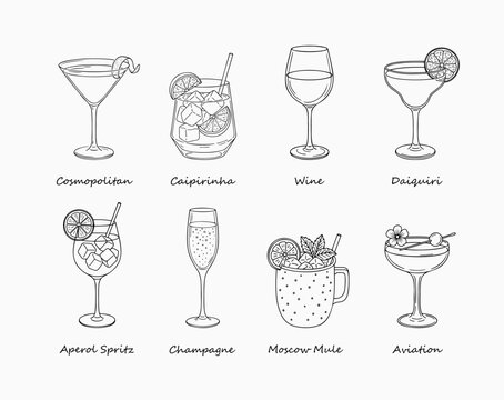Hand drawn cocktail and wine illustration set in line art style. Collection of classic alcoholic drinks in elegant glasses with garnish. Minimal black outline vector for bar menu, poster, logo design.