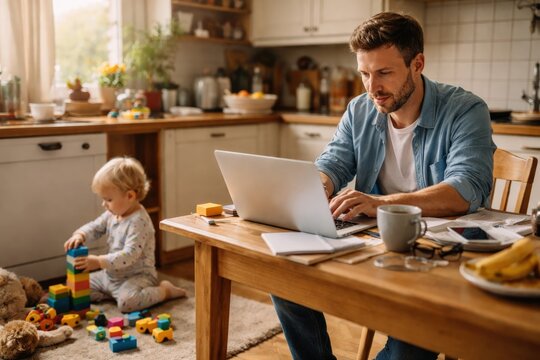 Young father working on a laptop at the kitchen table while a small child plays on the floor nearby, realistic work from home lifestyle, parenting balance, remote job, and everyday family life