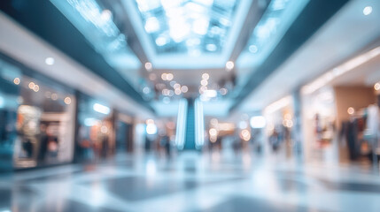 Fototapeta premium Blurred background of a shopping center, people, stores, escalators, shopping, mall, hall, architecture, out-of-focus photo, bokeh