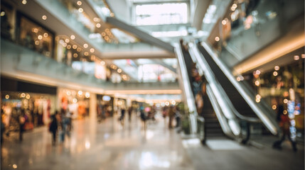 Obraz premium Blurred background of a shopping center, people, stores, escalators, shopping, mall, hall, architecture, out-of-focus photo, bokeh