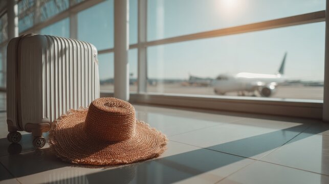 A close-up view of a suitcase and straw hat on the airport floor near a window showing an airplane outside, suggesting summer travel.