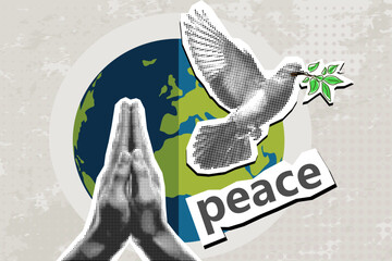 Naklejka premium Man Hands Pressed Together in Prayer Position and Flying Dove. Pray for peace. Action for Prayer, Gratitude and Thankful Isolated on half tone Background