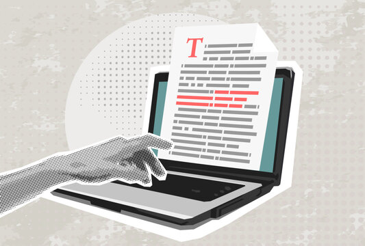 Trendy Halftone Collage Online education, creative writing and storytelling, distant learning. Template for banner, poster, social media and ads. Vector illustration. Contemporary art. Vector
