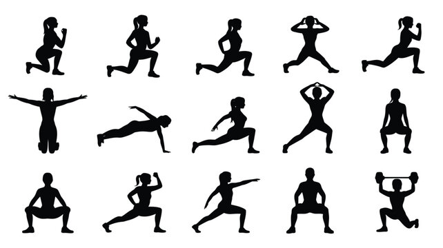 Collection of black silhouette icons depicting various fitness and exercise poses on white background