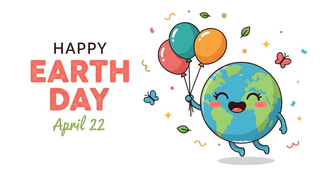 Joyful cartoon planet earth character celebrates earth day holding colorful balloons with confetti and nature elements