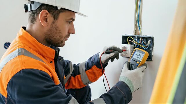Electrician using a multimeter to measure voltage in a wall outlet, checking electrical network safety and maintenance