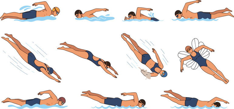 Swimming styles vector set with freestyle, butterfly, breaststroke and backstroke techniques, sport training illustration collection