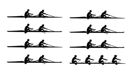 Rowing motion sequence single scull boat with one rower in various positions black silhouette on white background sports and fitness concept © Newton