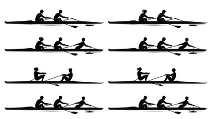 Rowing motion sequence eight black silhouettes of people rowing in a boat on water various positions dynamic movement © Newton