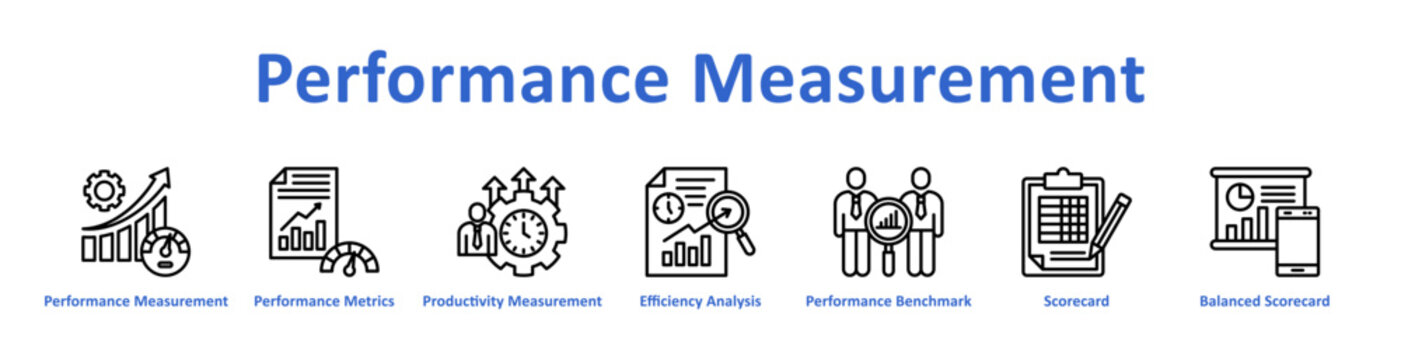 Performance Measurement Web banner icon set vector illustration containing: performance metrics, productivity measurement, efficiency analysis, benchmarking, scorecard system, balanced scorecard