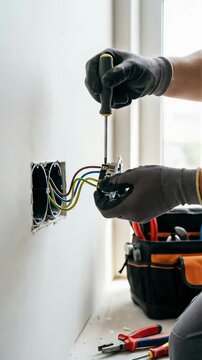 Electrician man connecting wires for a new wall socket installation using screwdriver and tools. Electrical network maintenance. Vertical video