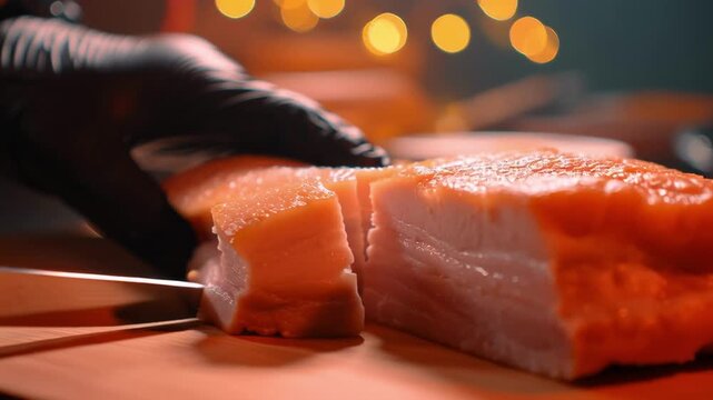 Close up of professional chef wearing black gloves carefully slicing large piece of cured pork belly on wooden cutting board