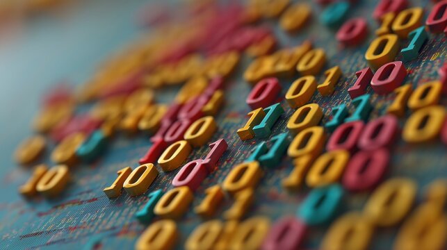 Colorful binary digits float over a world map