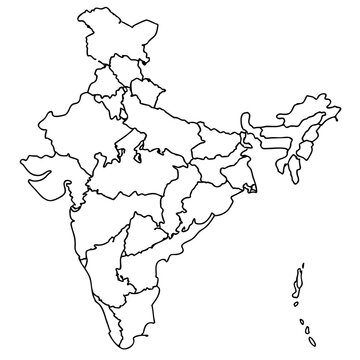 Outline map of India with internal divisions, country map illustration, borders of nation, geographic borders, regions