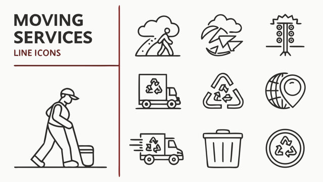 Moving service line icons featuring person cleaning, truck with recycling symbol, earth with pin, trash can, lightning, clouds, and tree for eco friendly relocation and logistics