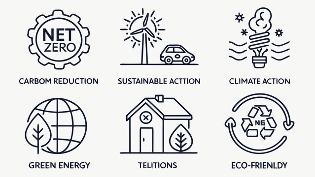 Net zero carbon reduction sustainable action climate action green energy telitions eco friendly icons for environmental campaigns