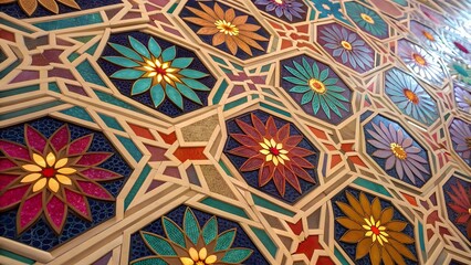 Fototapeta premium A vibrant, multi-colored Islamic mosaic pattern featuring intricate geometric shapes and stylized floral motifs.