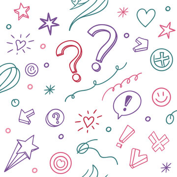 Hand drawn doodle icons with question marks exclamation points hearts stars arrows and smiley faces on white background vibrant colors and playful abstract elements