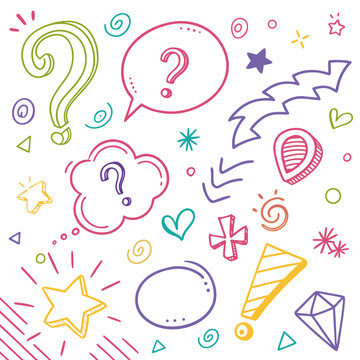 Colorful hand drawn doodle elements including question marks light bulb stars hearts arrows and speech bubbles on a clean white background