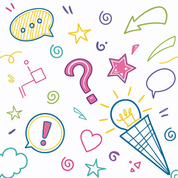Collection of hand drawn thought bubbles, stars, arrows, question marks, and light bulb ice cream cone on white background