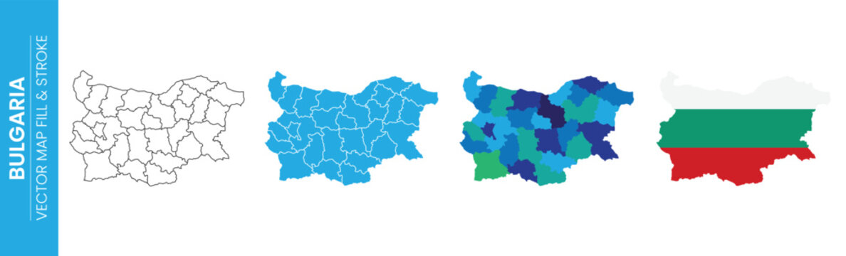 Collection of maps of Bulgaria illustrating administrative divisions in different styles. Includes a map with the national flag design. Ideal for geography and travel content.