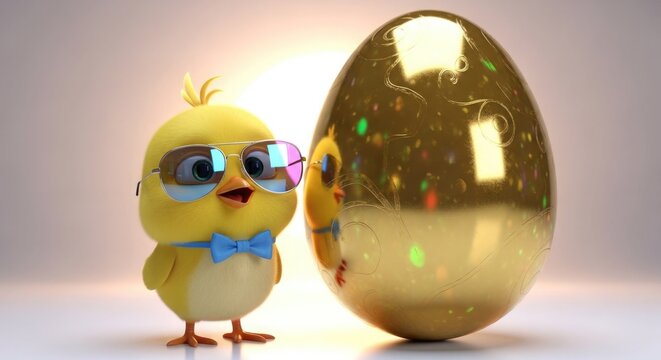 Easter sunday joy adorable easter chick with glasses next to giant golden easter egg