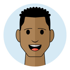 Obraz premium Black man face avatar with friendly laughing facial expression showing happiness and positive emotion. Male character portrait for diverse user profile, social media.