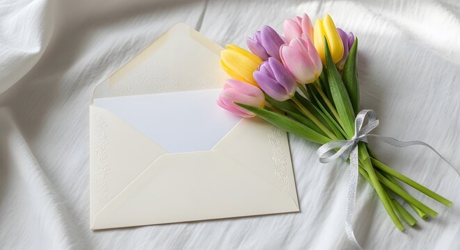 A beautiful bouquet of pastel tulips beside an open envelope with a blank note on white fabric