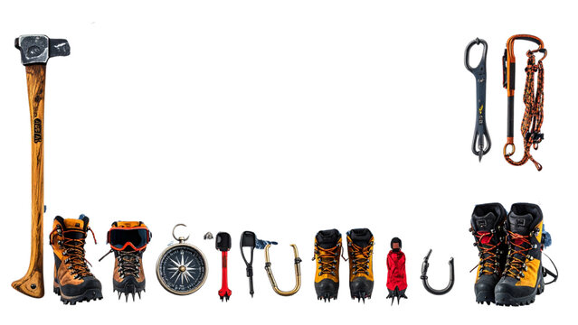 Mountain Climbing and Winter Hiking Equipment Collection Featuring Ice Axe Crampons Compass Goggles and Carabiners Isolated on White Background Vector Art