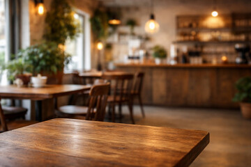 Fototapeta premium Cozy Cafe Interior: A warm, inviting cafe interior, with wooden tables, soft lighting, and hints of greenery, creating an atmosphere of comfort and relaxation.