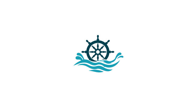 Nautical ship's wheel with blue waves icon on white. Marine helm graphic for navigation, sea travel, and maritime themes.