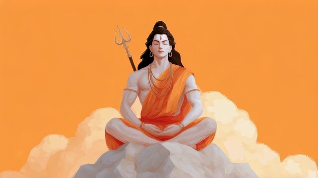 Hindu god Shiva meditating on mountain. Indian deity sitting in lotus pose with trident on orange background. Spiritual practice and religious awakening concept.