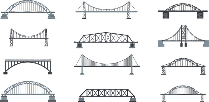 Bridge vector set with suspension, arch and truss bridges, infrastructure architecture collection for transport and engineering illustration