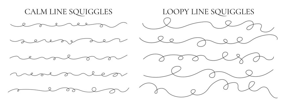Cable squiggle long set with curvy abstract line, wavy thin curve drawing and loopy wire doodle for a squiggly divider. Vector illustration of a swirl sketch through hand wiggly decor, loop twist.