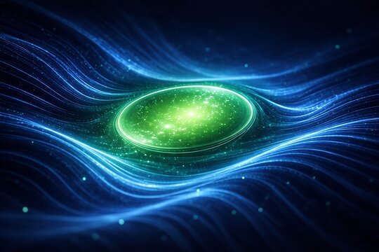 Luminous green orb amidst swirling cosmic energy