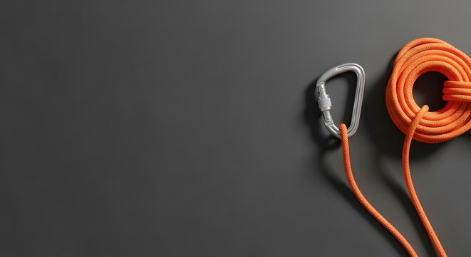 A bright orange climbing rope coiled neatly next to a silver metal carabiner on a dark background