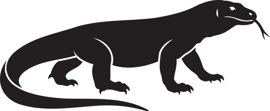 Komodo Dragon Silhouette Vector Art: Walking Lizard with Flicking Tongue on White Background for Wildlife Design