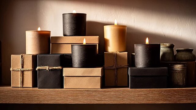 Candles and gift boxes on wooden shelf