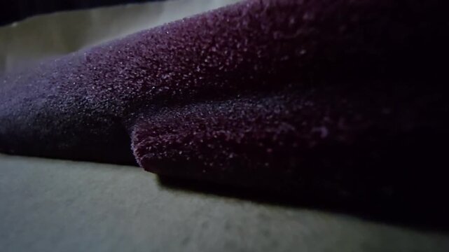 Macro shot of frozen dark berry popsicle featuring intricate ice crystal textures on a wooden stick.