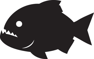 Piranha fish silhouette, predatory freshwater fish with sharp teeth. Aggressive side view vector graphic on white. Minimalist black icon for fishing logo, aquarium emblem, or danger symbol of vicious 