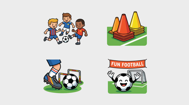 A colorful illustration of children playing soccer, practicing drills with cones, and a 'Fun Football' stadium scene, capturing youth sports and teamwork.