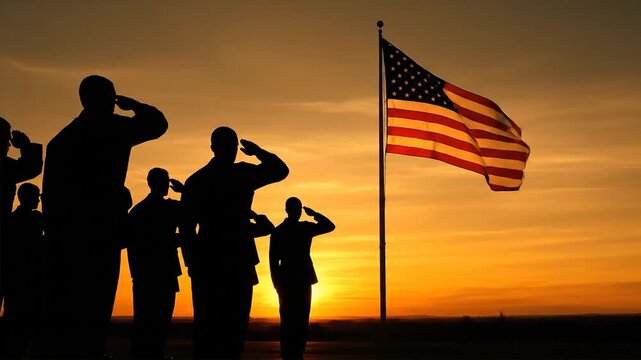 Silhouetted figures saluting american flag against dramatic sunset sky