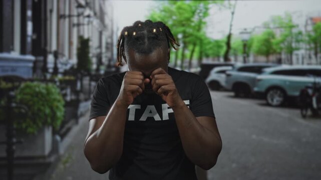 Young african american man rubbing eyes with hands wearing black staff t shirt on city street between parked cars and planters; fatigue reflection.