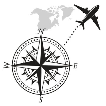 A black and white image of a compass with an airplane flying over a map Vector